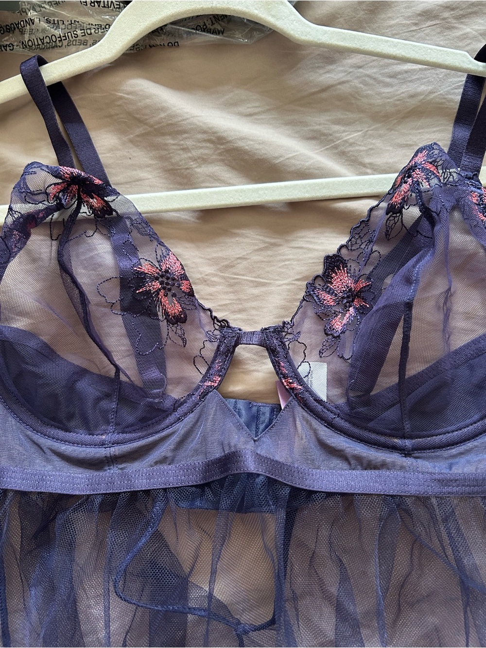Adore Me Sheer Purple Chemise with Pink Floral Embroidery